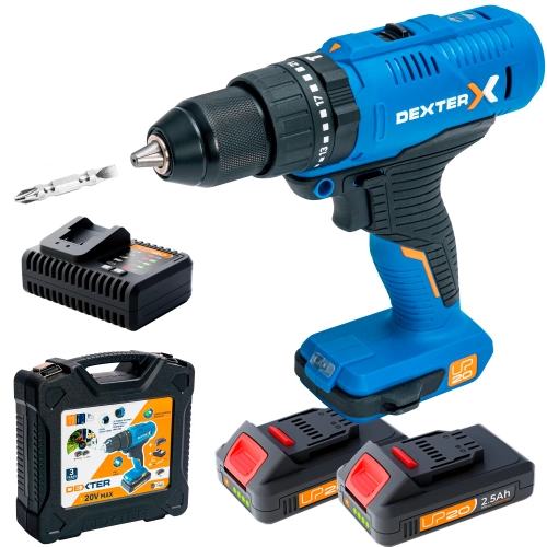 Perceuse à percussion sans fil DEXTER 20 V 2.5 Ah, 2 batteries UP20