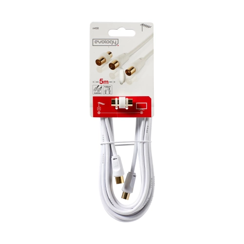 Câble coaxial 9.52 femelle mâle blanc 5m + adaptateur mâle mâle EVOLOGY