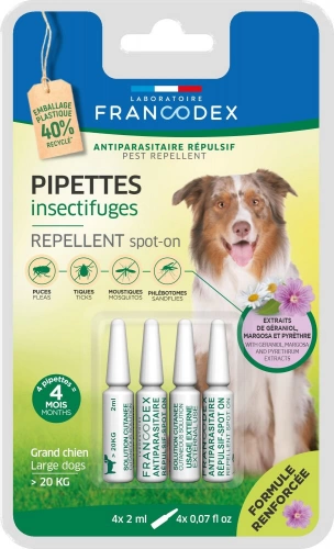 Antiparasitaire repulsif chien +20kg naturel pipette 4x2ml