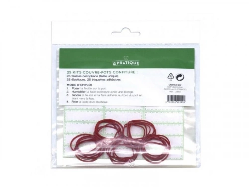 Couvre pot confiture 25 feuilles cellophane + élastiques + étiquettes