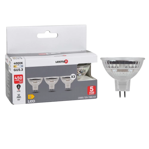 3 ampoules led réflecteur GU5.3, 100°, 450 Lm = 35 W, blanc neutre, LEXMAN