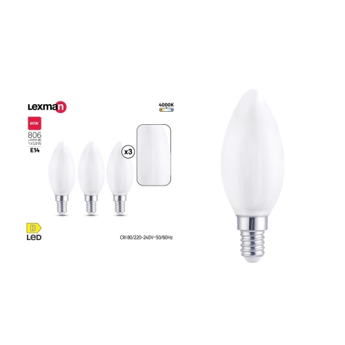 Lot de 3 ampoules led, flamme, E14, 806lm = 60W, blanc neutre, LEXMAN