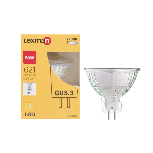 Ampoule led, réflecteur GU5.3, 36°, 621lm = 50W, blanc chaud, LEXMAN