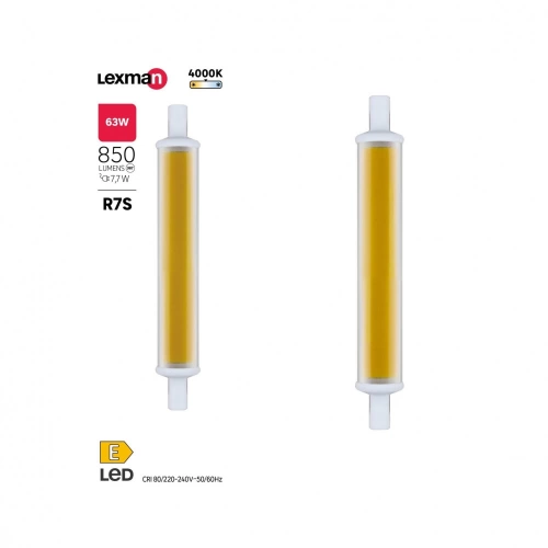 Ampoule led, tube R7S, 118mm, 850lm = 63W, blanc neutre, LEXMAN