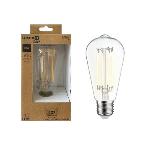 Ampoule led déco, filament carbone, Edison, E27, 500lm, blanc chaud, LEXMAN