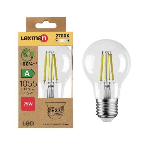 Ampoule led standard verre e27 5w=75w 1055lm claire 2700k classe a LEXMAN