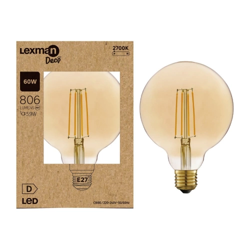 Ampoule led globe 125mm e27 7,8w=60w 806lm 2700k ambre LEXMAN