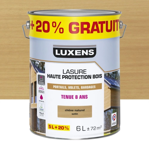 Lasure LUXENS 8 ans chêne naturel satiné 5 litres + 20 % gratuit