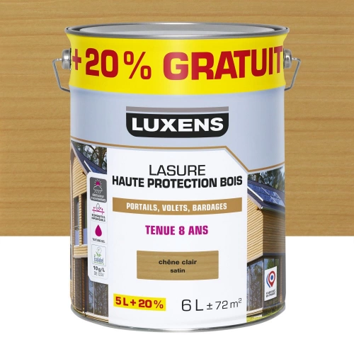 Lasure LUXENS 8 ans chêne clair satiné 5 litres + 20 % gratuit