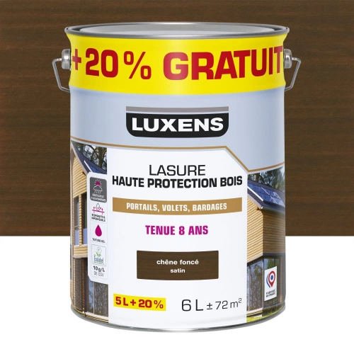 Lasure LUXENS 8 ans chêne foncé satiné 5 litres + 20 % gratuit