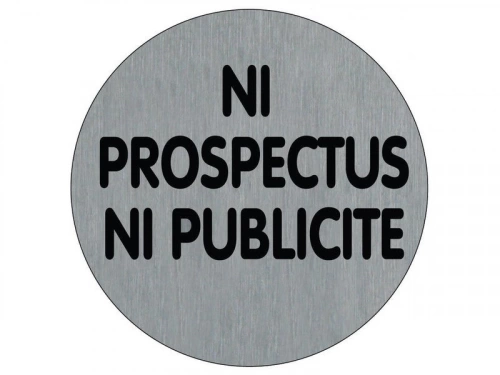 Plaquette signalétique "Pas de publicité svp"  en aluminium, diam. 75 mm