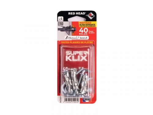 Lot de 4 chevilles Diam.10 x L.35 mm et gond RED HEAD, Diam.5mm