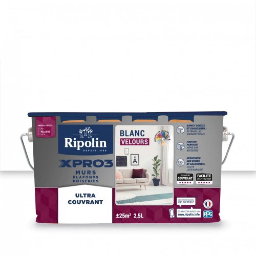 Peinture mur / plafond / boiserie RIPOLIN Xpro3 blanc velours, 2.5 l
