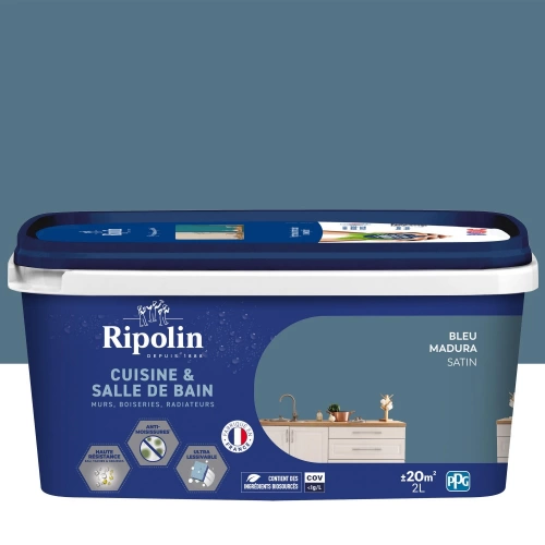 Peinture mur, RIPOLIN cuisine et bain, 2 litres, bleu madura satin