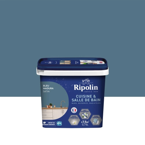 Peinture mur, RIPOLIN cuisine et bain, 0.75 litre, bleu madura satin