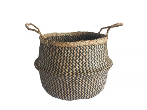 Panier en jonc de mer, cloche, Ethno zigzag, black n°0