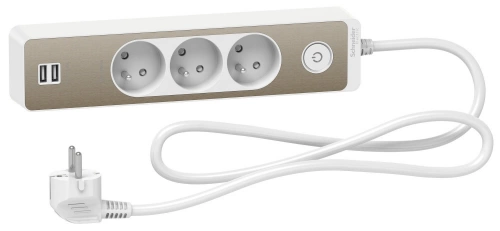 Multiprise filaire 3 prises + 2 usb 1.5m, SCHNEIDER ELECTRIC, blanc / bronze