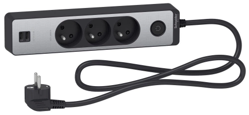 Multiprise filaire 3 prises + 2 usb 1.5m, SCHNEIDER ELECTRIC, noir / aluminium