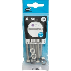 6 boulons inox tête 6 pans hexagonal STANDERS, Ø6 x L.50 mm