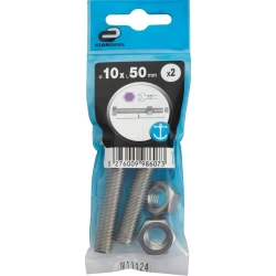 2 boulons inox tête 6 pans hexagonal STANDERS, Ø10 x L.50 mm