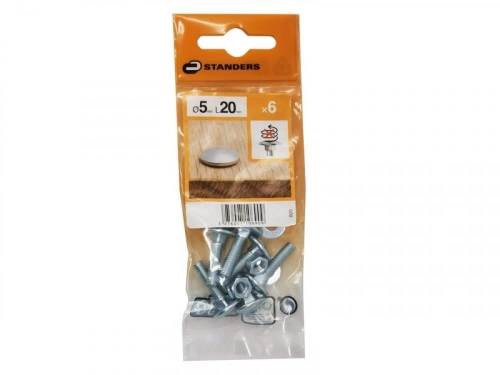 Lot De 6 Boulons Tête Ronde Et Cou Carré Acier Zingué, L.20 X Diam.5 Mm Standers