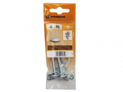 Lot De 2 Boulons Tête Ronde Et Cou Carré Acier Zingué, L.70 X Diam.6 Mm Standers