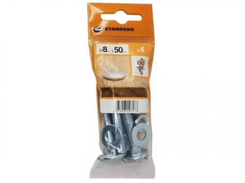 Lot De 4 Boulons Tête Ronde Et Cou Carré Acier Zingué, L.50 X Diam.8 Mm Standers