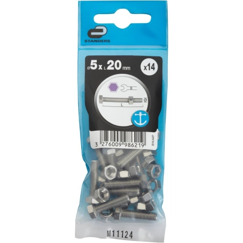 Sachet de 14 boulons inox, tête 6 pans hexagonal, STANDERS, L.20 mm