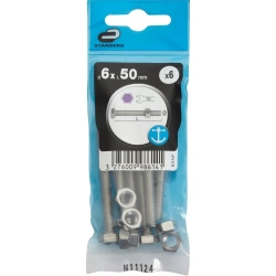 Sachet de 6 boulons inox, tête 6 pans hexagonal, STANDERS, L.50 mm
