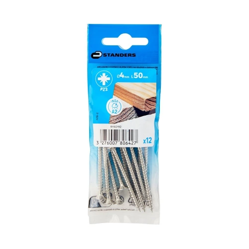 Vis agglo tete fraisee pozidriv inox A2 4x50 STANDERS sachet 12 pieces
