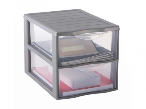 Boite de rangement en plastique avec 2 tiroirs Orgamix, l.26 x P.36 x H.25 cm argent